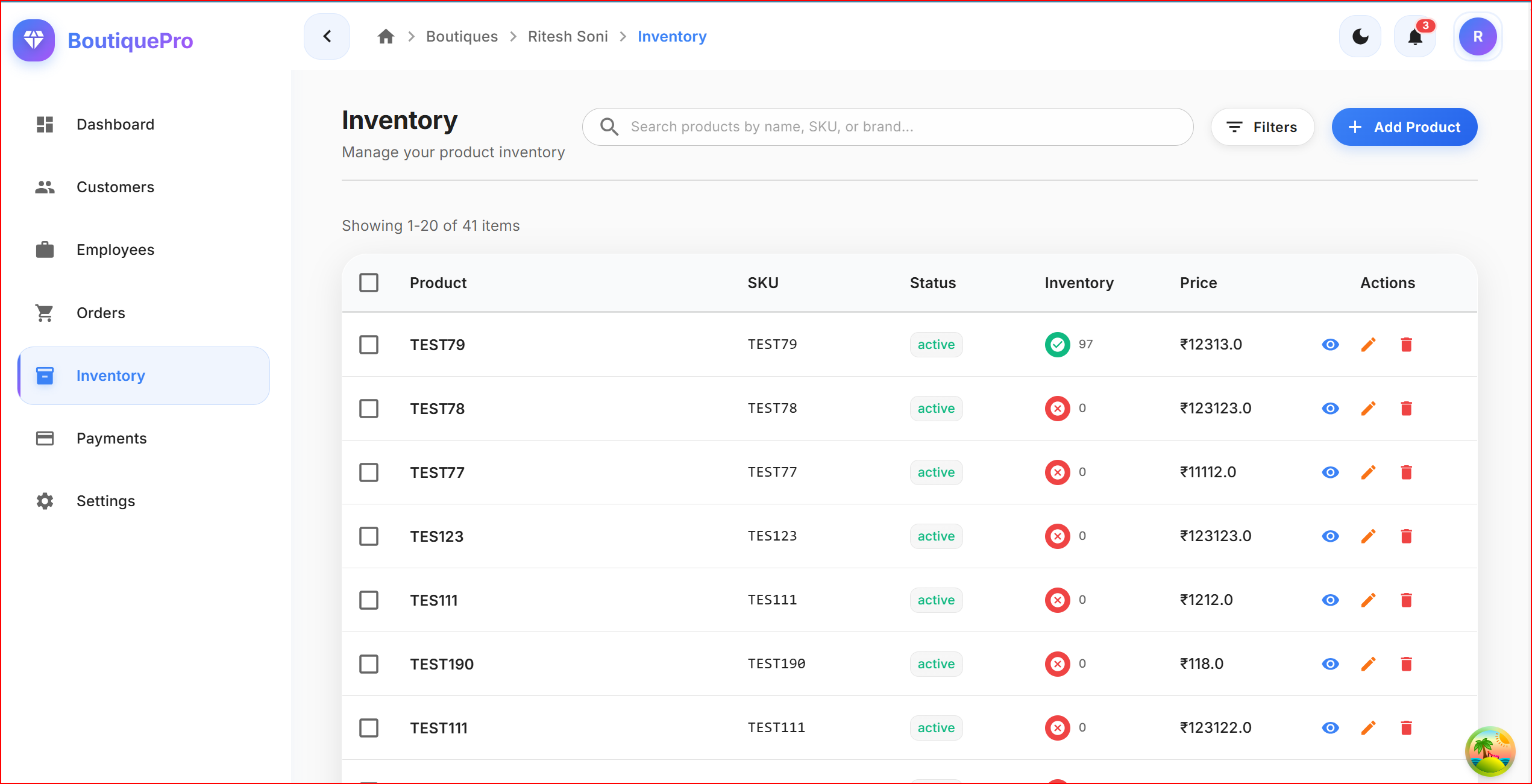 Real-time inventory management system for boutique stores with stock tracking and low stock alerts